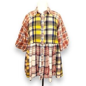 FP2 We The Free Free people Moon Bay Mixed Plaid top Tunic Shirt Blouse Small